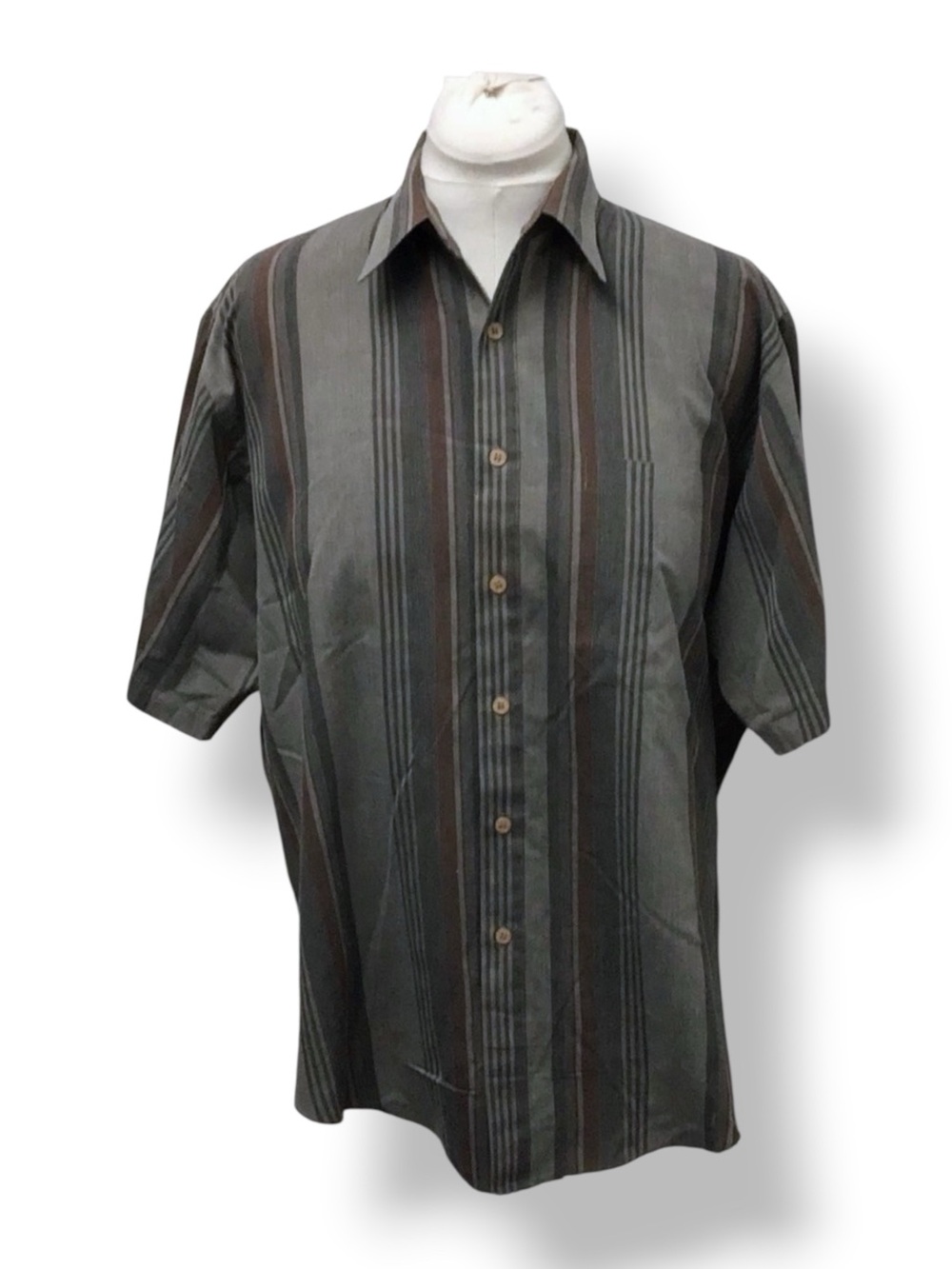 Untied Mens Short Sleeve Button Down Shirt VTG 90s Vertical Stripe Gray/Brown XL